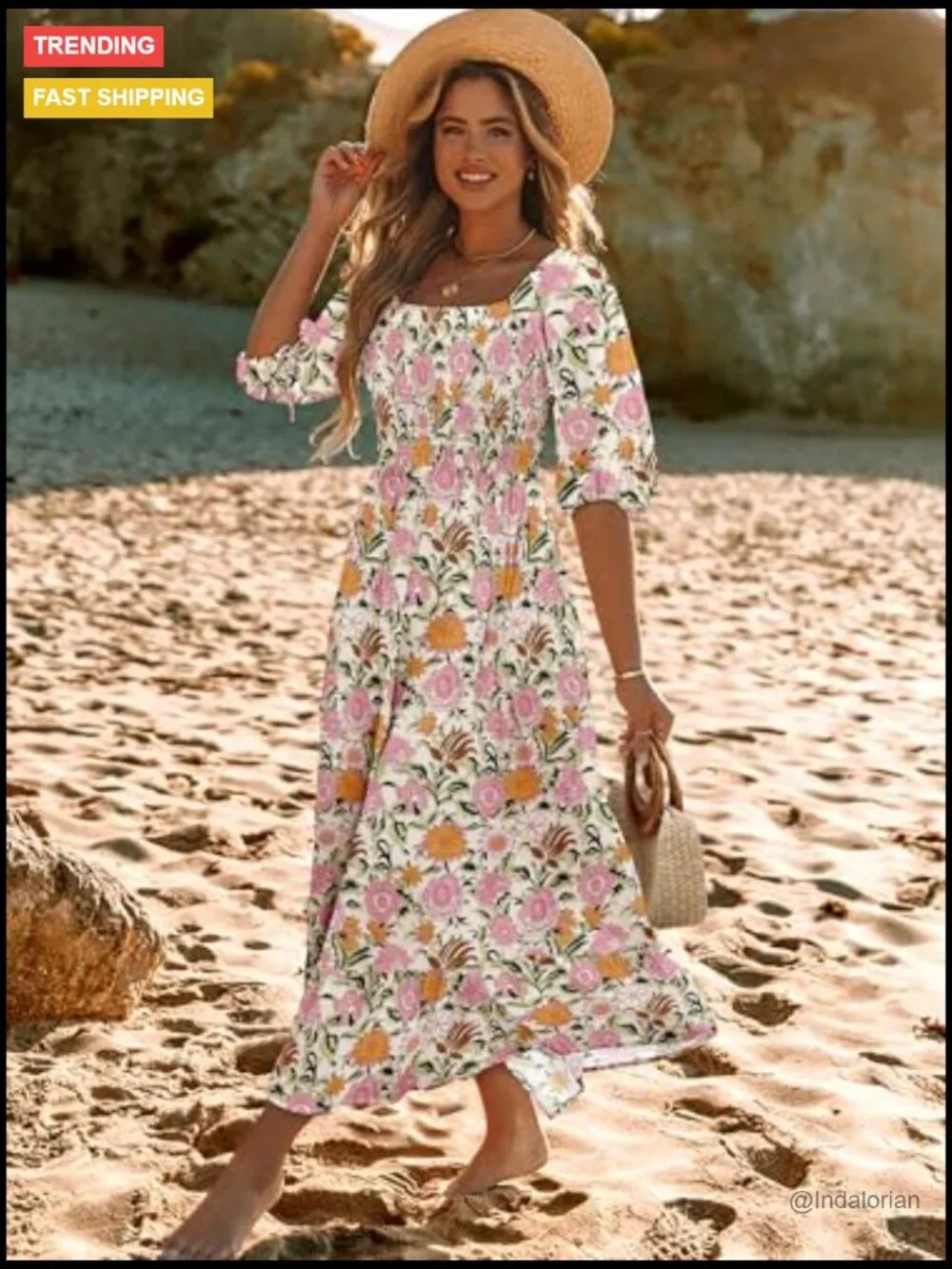 Puff Sleeve Square Neck Smocked A-Line Maxi Dress with Pockets - Picture 3 of 7